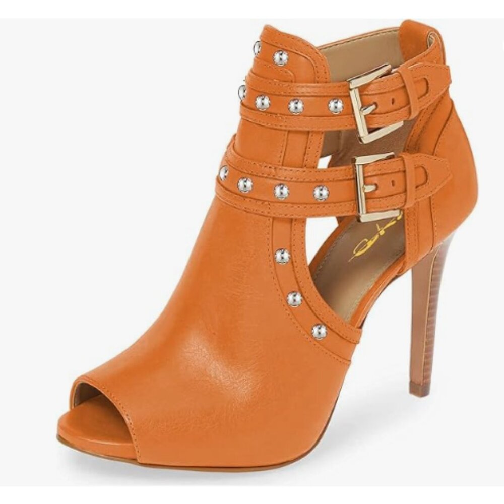 XYD Orange Studs Peep Toe Ankle Boot High Heel Buckled Double Strap Cutout Pumps